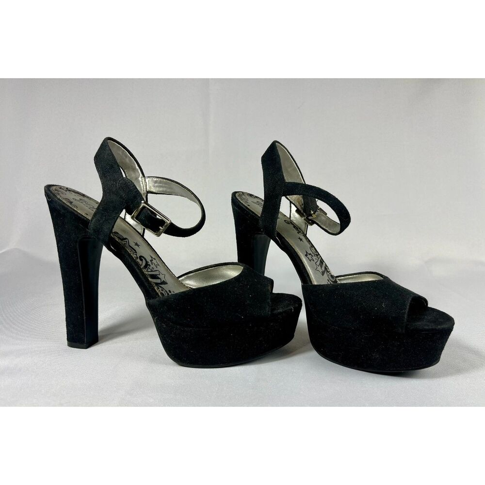 Brash Velvet Black Strappy 4" Women Heels Size 9 Ankle Strap Peep Toe